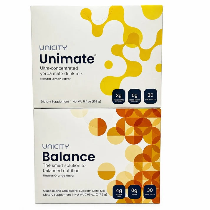 NEW Unicity Unimate Lemon &amp; Balance Orange Combo Pack | 30 Stick Packs Each | Yerba Mate Energy &amp; Fiber Nutrition Drink Mix