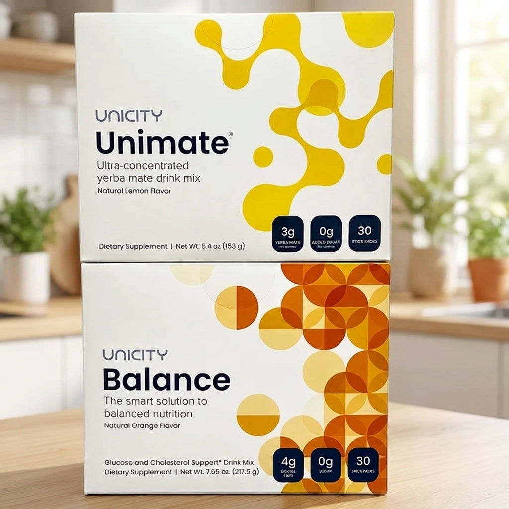NEW Unicity Unimate Lemon &amp; Balance Orange Combo Pack | 30 Stick Packs Each | Yerba Mate Energy &amp; Fiber Nutrition Drink Mix