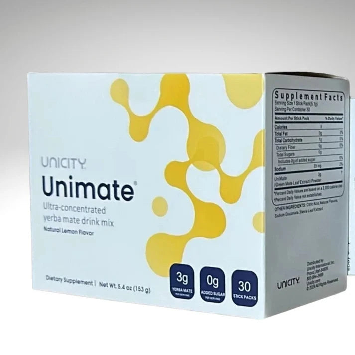Unicity Unimate Lemon Flavor Drink Mix 30 Stick Packs | Yerba Mate Energy &amp; Wellness Supplement | Natural Lemon Flavor