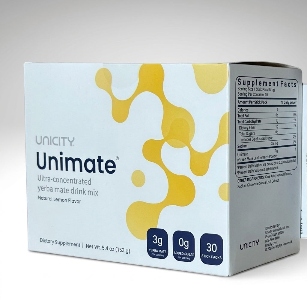 Unicity Unimate Lemon Flavor Drink Mix 30 Stick Packs | Yerba Mate Energy &amp; Wellness Supplement | Natural Lemon Flavor