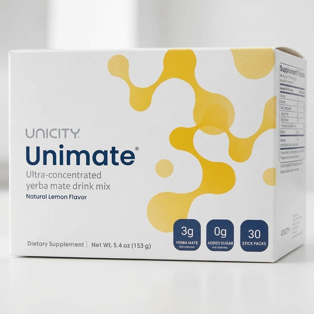 Unicity Unimate Lemon Flavor Drink Mix 30 Stick Packs | Yerba Mate Energy &amp; Wellness Supplement | Natural Lemon Flavor